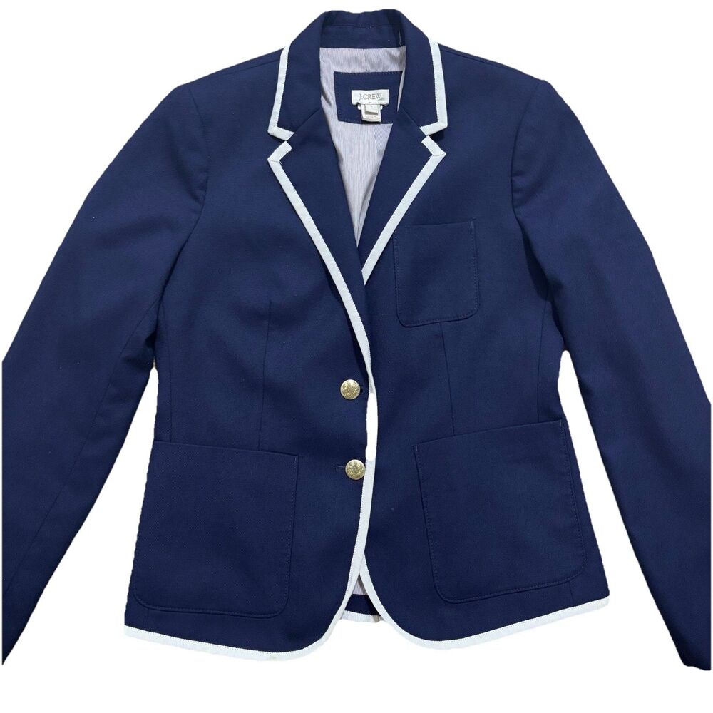 J Crew Schoolboy Blazer Women’s 6 Blue White Trim Gold Buttons Wool Blend READ